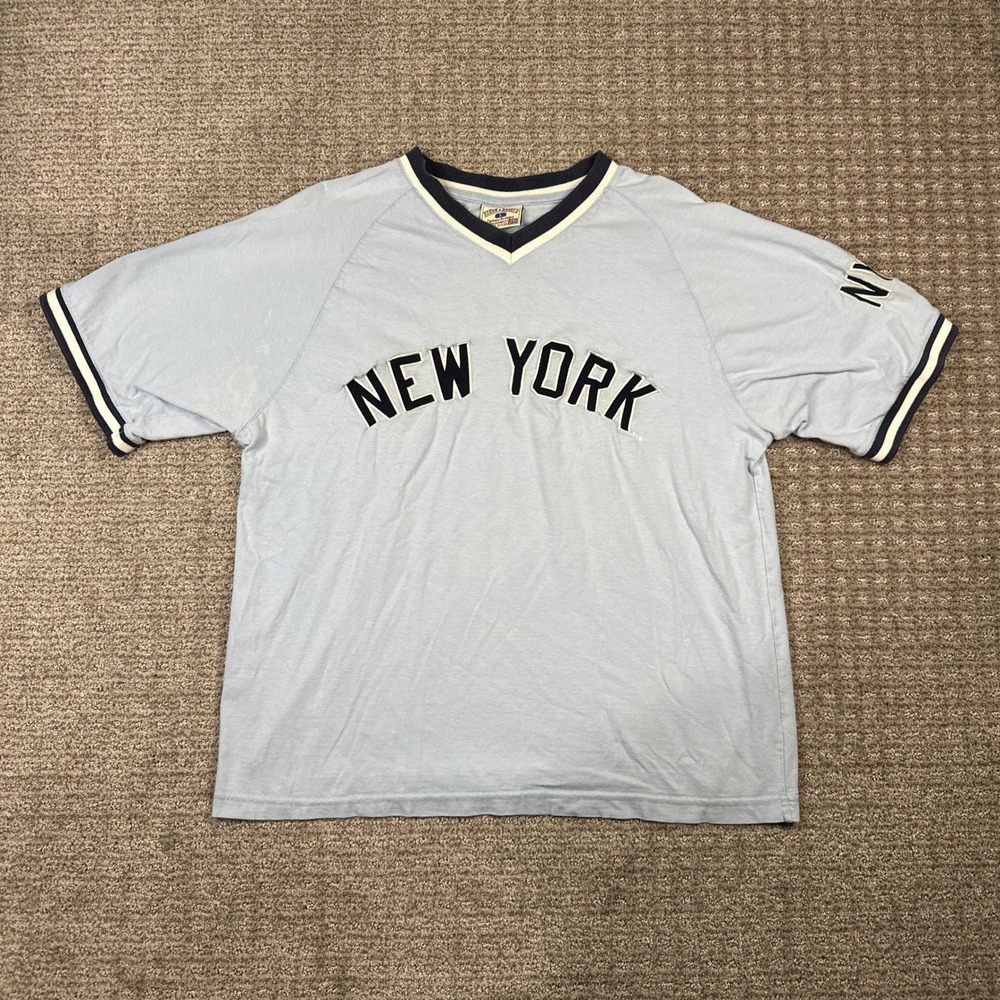 Steve & Barrys New York Spellout V-Neck T-Shirt Mens Large Blue Vintage Style